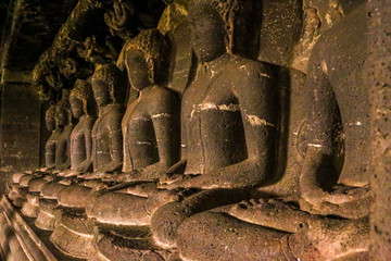 Statue of Buddha in Ellora caves near Aurangabad, Maharashtra state in India