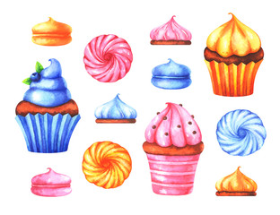 Hand painted set of watercolor colorful marshmallow and muffins isolated on white background	