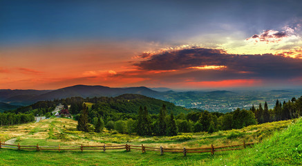 View for Równica peak in Beskidy mountains