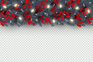 Christmas and New Year horizontal border Realistic branches of Christmas tree, garland with lightbulbs, holly berries