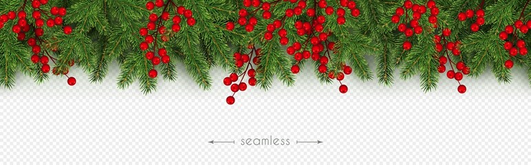 Christmas, New Year seamless border Realistic branches of Christmas tree and holly berries Vector - 216692970