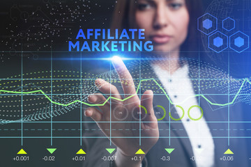 The concept of business, technology, the Internet and the network. A young entrepreneur working on a virtual screen of the future and sees the inscription: Affiliate marketing
