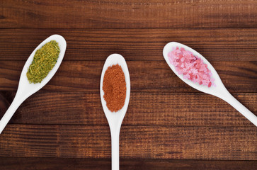 Assortment of colorful spices in the wooden spoons.
