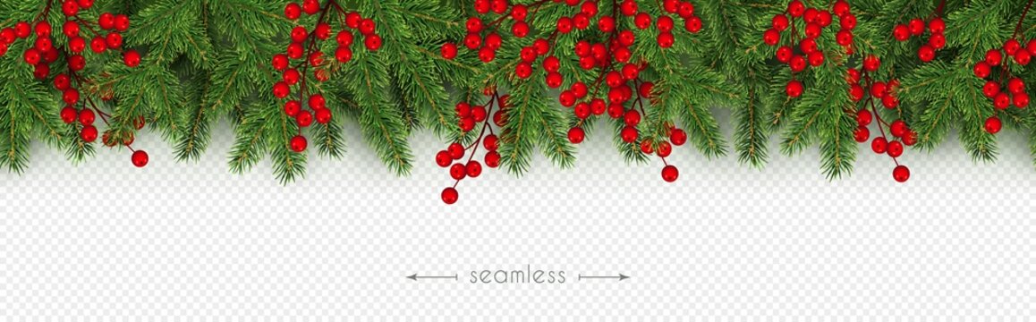 Christmas, New Year seamless border Realistic branches of Christmas tree and holly berries Vector