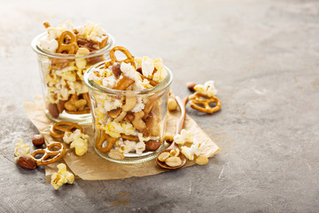 Trail mix with popcorn and pretzels