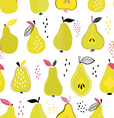 Seamless pattern with creative pear illustrations in vector. Hand drawn trendy backgroun