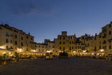 Fototapeta na wymiar Beautiful view of the Piazza dell`Anfiteatro at the blue hour, Lucca, Tuscany, Italy