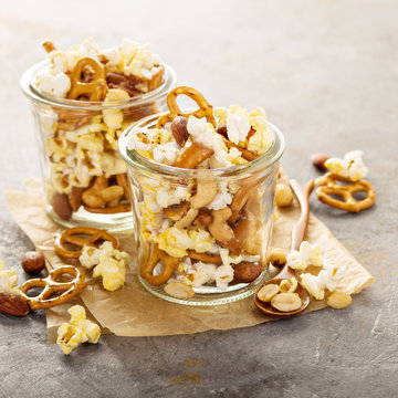 Trail mix with popcorn and pretzels
