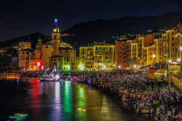 Stella Maris traditional celebration. During the night when thousands of tiny lit candles are left on the water from the boats or from the beach in Camogli, Genoa (Genova) province, Italy.