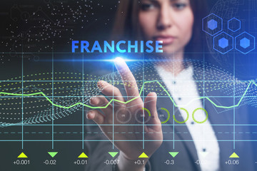 The concept of business, technology, the Internet and the network. A young entrepreneur working on a virtual screen of the future and sees the inscription: Franchise