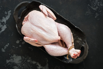 A whole raw chicken on a rustic concrete dark background. View from above