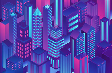 Isometric trendy violet blue gradient color city template illustration of cryptography, online electronic finance and secure banking.