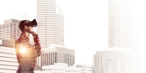 Guy wearing checked shirt and virtual mask with hand on chin