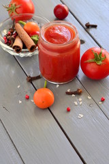 Homemade tomato sauce / ketchup / with ingredients, vertical, copy space