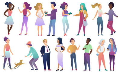 Vector set of young male and female people in casual clothes communicate with each other. Modern flat gradient color characters isolated.