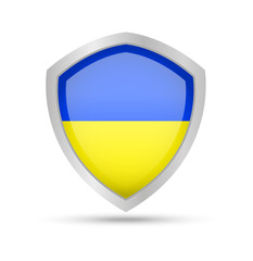 Shield with Ukraine flag on white background. Vector illustration.