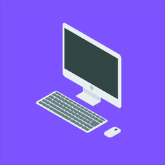 PC isometric. Vector. Computer isometric icon. Vector. Isometric white PC monitor with keyboard button and mouse. Flat simple style.