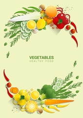 Flat lay Fresh vegetables on green background , healthy food concept , vector , illustration