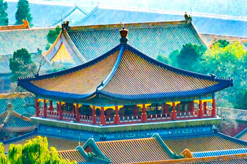 Grey Haze Blue Gold Pavilion Forbidden City Beijing China