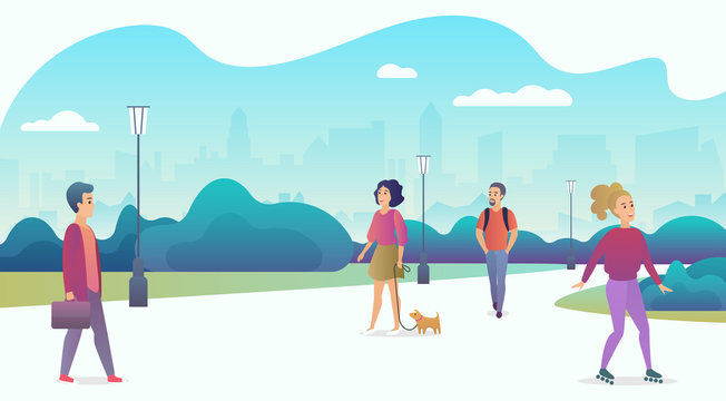 People life in modern eco city. People relaxing in nature in a beautiful urban park with skyscrapers on the background. Trendy cartoon gradient color vector illustration.