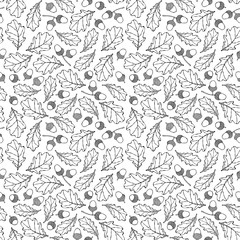 Seamless Endless Pattern of Oak Leaves and Acorns. Green and Yellow. Autumn or Fall Harvest Collection. Realistic Hand Drawn High Quality Vector Illustration. Doodle Style.