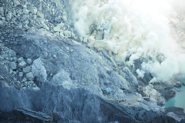 Landscape of Sulfur Mine and smoke at Khawa Ijen Volcano Crater Java Island, Indonesia