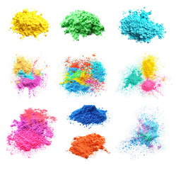 Set of colorful powders for Holi festival on white background