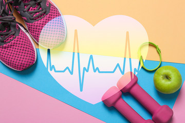 Set of gym stuff on color background. Cardio training concept