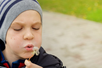 Boy blowing on autumn dandelion