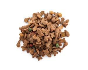 Pile of dry pet food on white background, top view