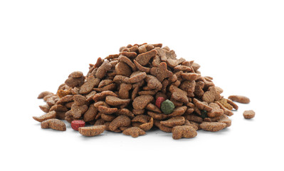 Pile of dry pet food on white background
