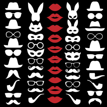 Set Illustrations of hats, glasses, masks, lips and moustaches. Vector
