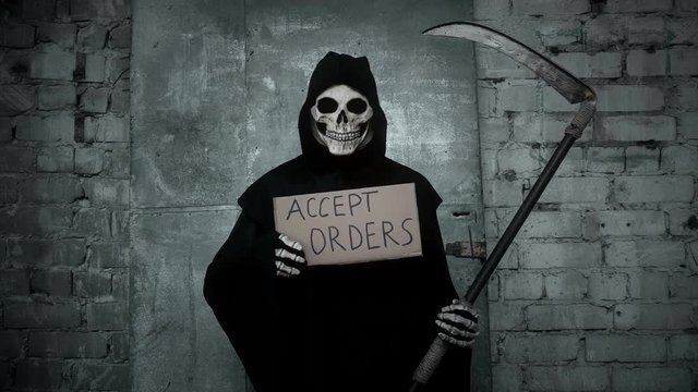 death with a scythe raises a sign with the inscription accept orders