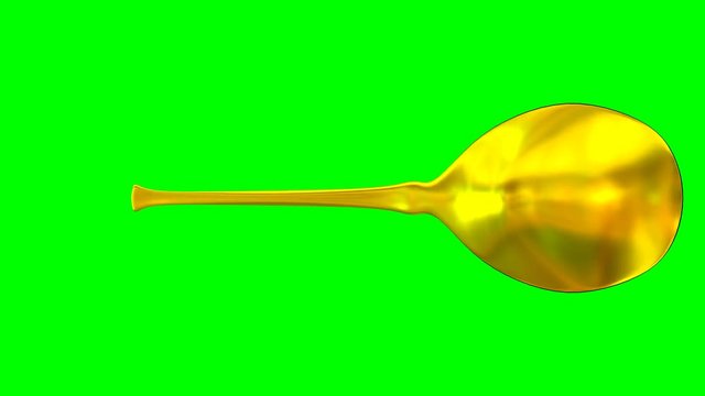 Animated rotating around z axis simple shining gold spoon against green background. Full 360 degree spin, loop able and isolated.