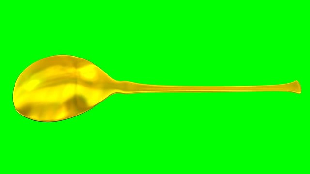 Animated rotating around x axis simple shining gold spoon against green background. Full 360 degree spin, loop able and isolated.