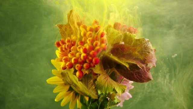 Colorful drops of paint falling on a beautiful autumn bouquet.