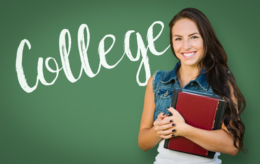 College Written On Chalk Board Behind Mixed Race Young Girl Student Holding Books