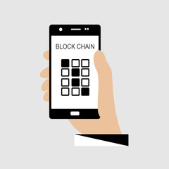 Smartphone screen with block chain. Hand hold smartphone. Vector graphic icon.