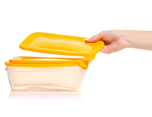 Food containers in hands on white background isolation