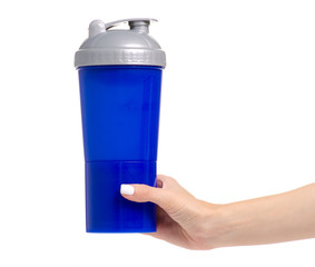 Sports shaker bottle in hand on white background isolation