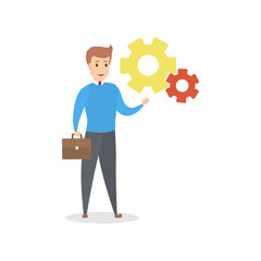 Businessman pointing at giant cog