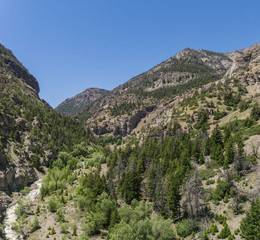 Fototapeta na wymiar River Valley Leads into Mountain Gorge