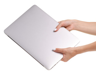 Gray notebook in hand on white background isolation