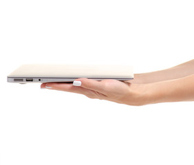 Gray notebook in hand on white background isolation