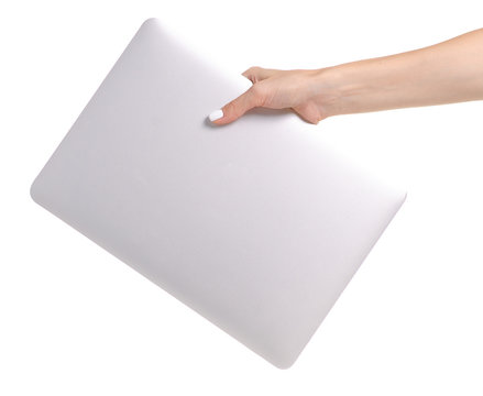 Gray notebook in hand on white background isolation
