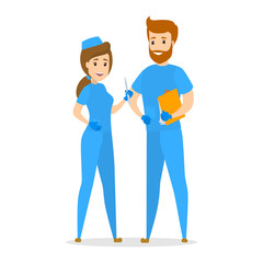 Nurse couple standing in blue uniform