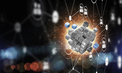 Concept of Internet and networking with digital cube figure on d