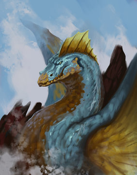 Amphibious blue and orange dragon with crashing waves in the background