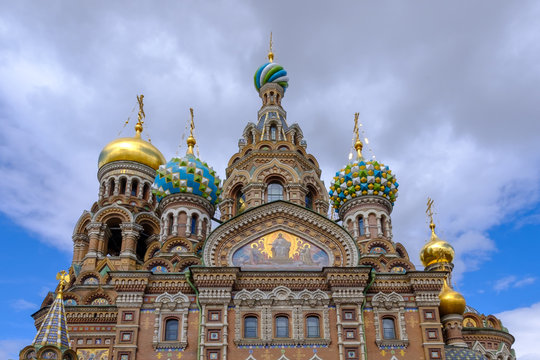 Church of the Savior on Spilled Blood (Cathedral of the Resurrection of Christ) in St. Petersburg, Russia. On blue sky background.