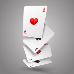 Set of four ace playing cards fly or falling. Winning poker hand. JPG include isolated path